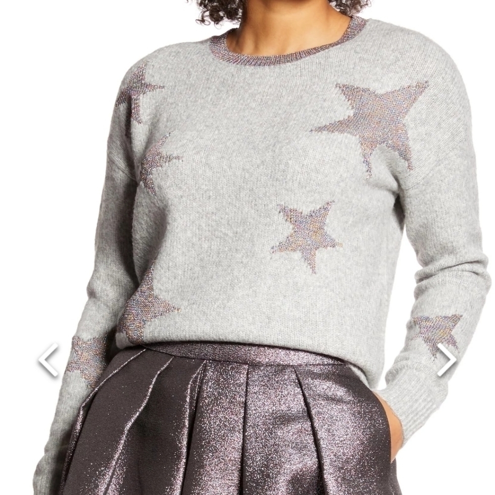 Halogen Atlantic Pacific Gray Rainbow Star Crew Neck Sweater
